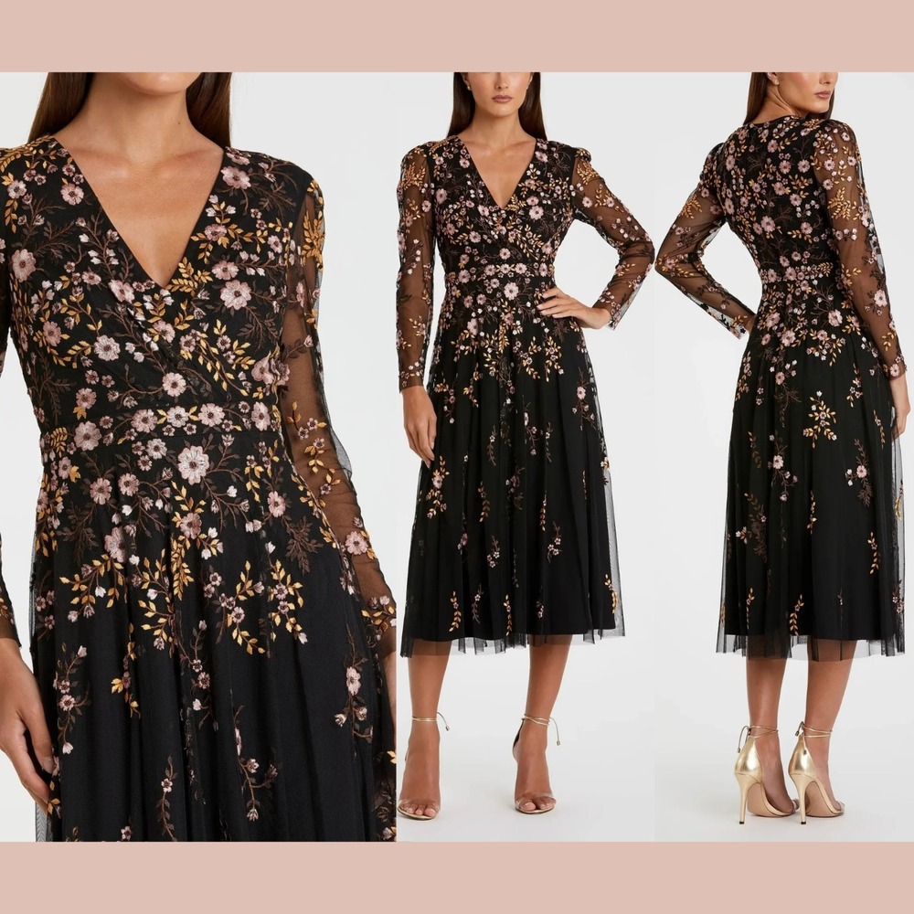 NWT Mac Duggal [ 14 ] 35106 Floral Embroidered A-Line‎ Midi Dress Black J2194